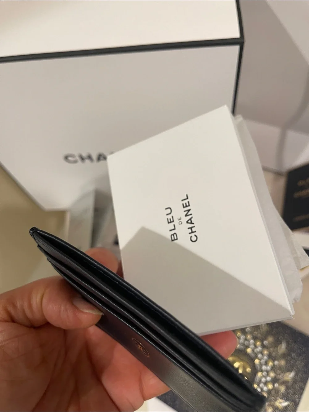 CHANEL Men’s Black Wallet & White Gift Presentation Set with Navy Accents